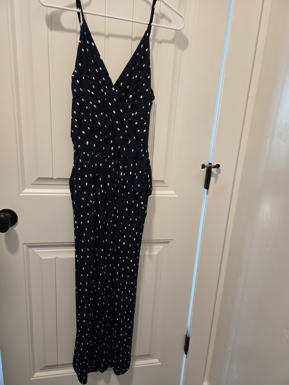 Kaileigh Navy and White Polka-Dot Wrap Jumpsuit with Tie Waist - Picture 2 of 9